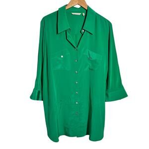 Soft Surroundings Plus Size Button Up Blouse Women 3X Kelly Green Silk Lagenlook